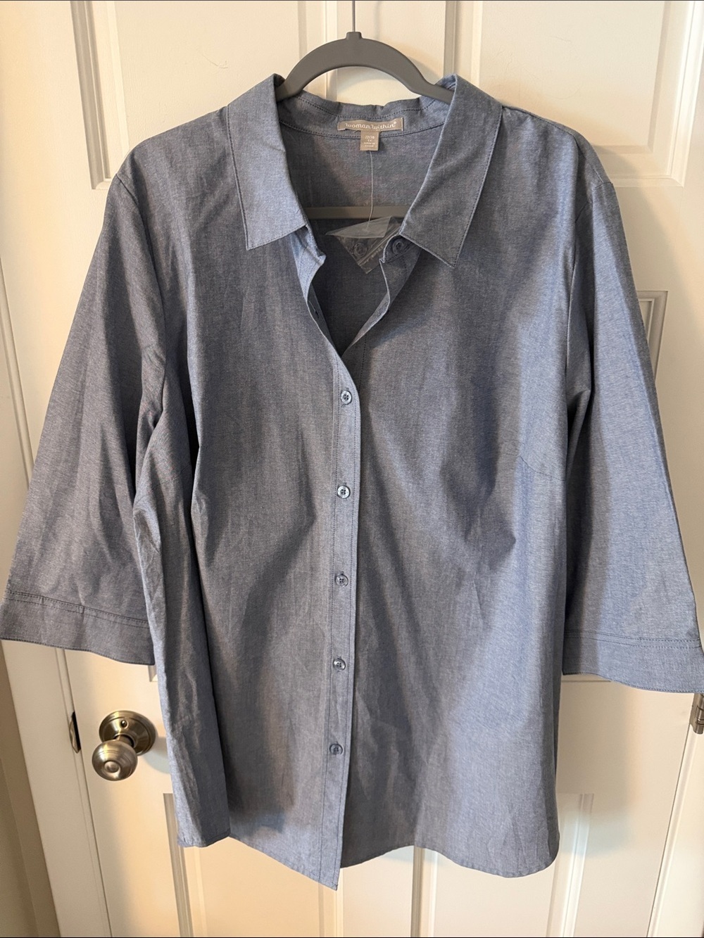 NEW Woman Within Chambray Blue Button Down Blouse 100% cotton 3/4 sleeve 22/24